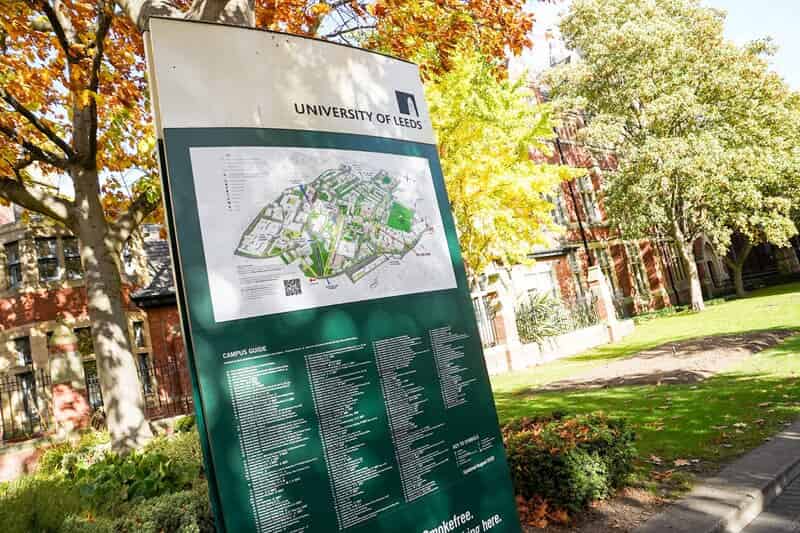 An image of wayfinding signage at the University of Leeds.